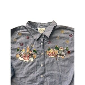 VTG The‎ Quacker Factory Womens 3X Denim Top Embroidered Snowman Grandmacore